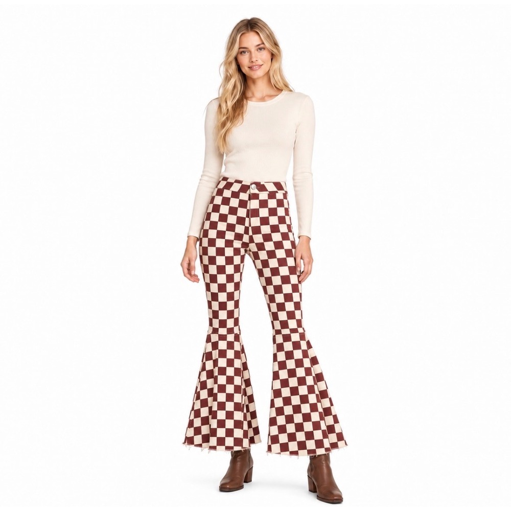 Free People We The Free Just Float On Flare Jeans in Checkered Brown 26